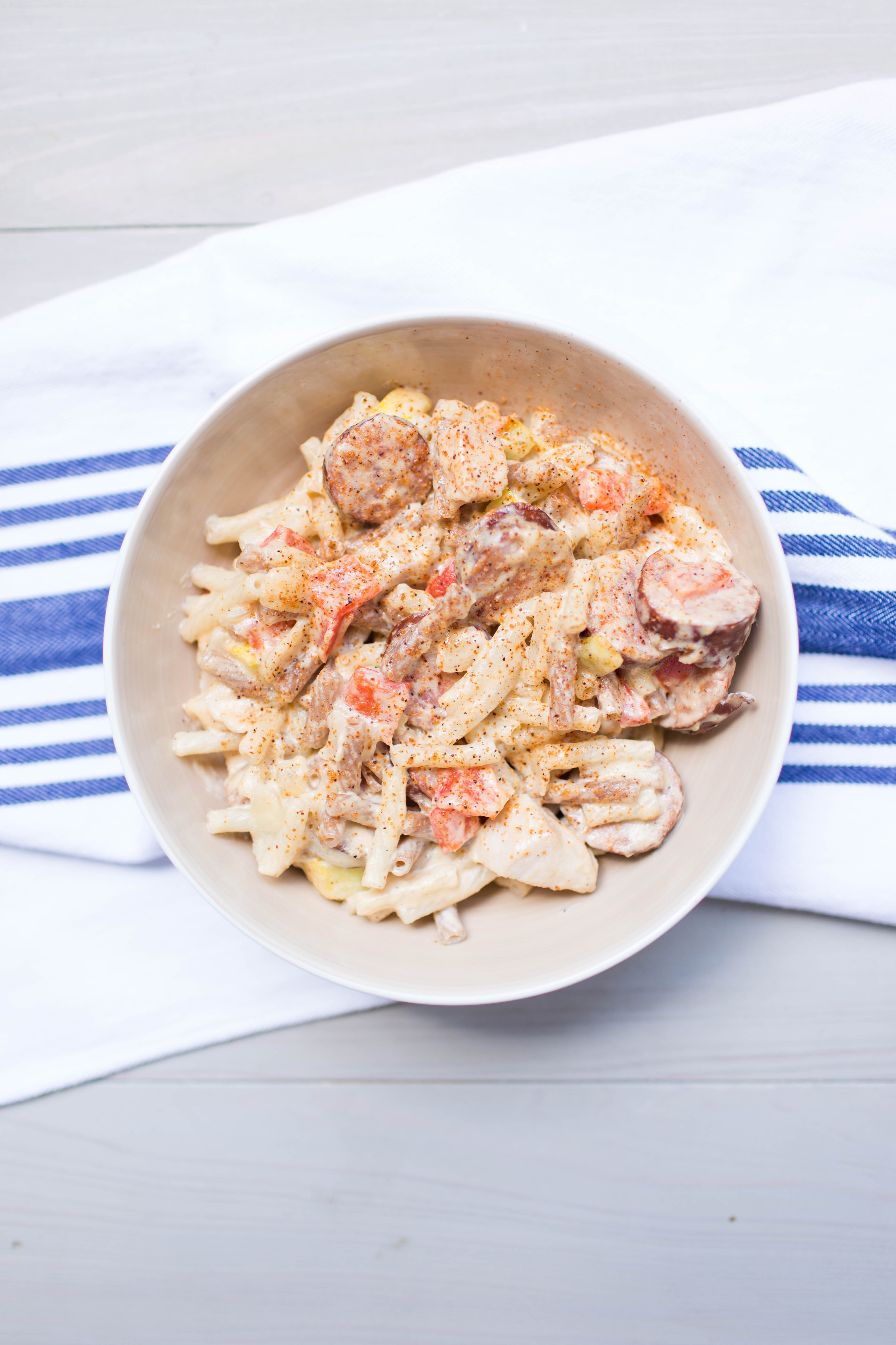 This Creamy Chicken & Sausage Cajun Pasta is gluten free and dairy free- perfect for lunch or dinner! | read more at happilythehicks.com